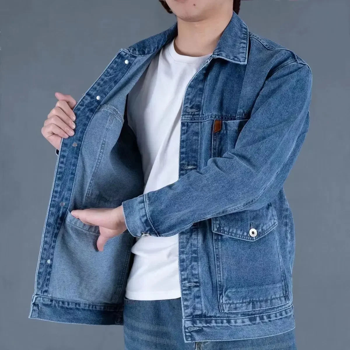 Vintage Men’s Patchwork Denim Jacket – Detachable Streetwear Outerwear for Spring & Autumn