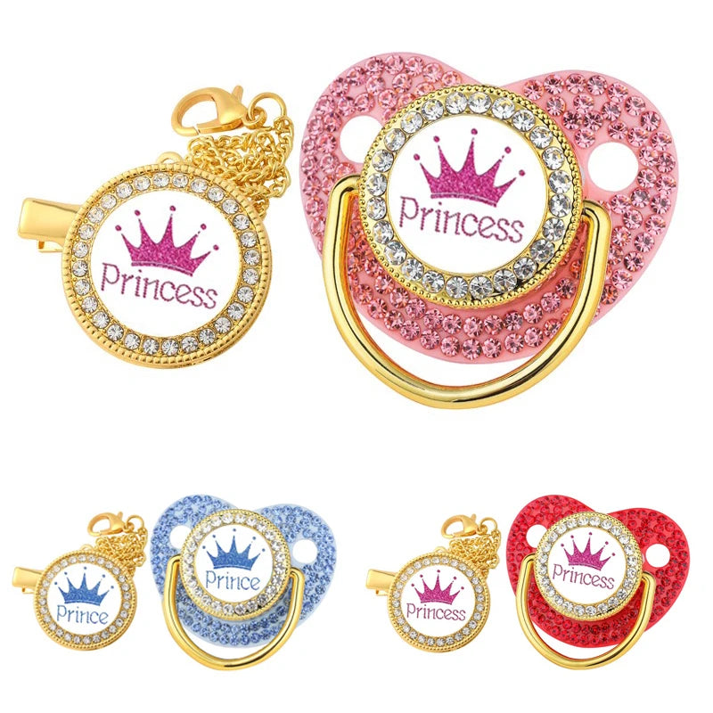 Juego de cadena con clip para chupete de lujo con forma de corona, regalo para baby shower, chupete de silicona para recién nacidos, sin BPA, mordedor para niños pequeños, chupete de bebé con tetina de circonita