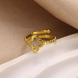 Minimalist Four-Leaf Clover Stainless Steel Open Ring – Elegant Gold-Tone Jewelry for Women