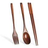 Juego de vajilla de madera natural de 3 piezas | Cuchara, tenedor y palillos