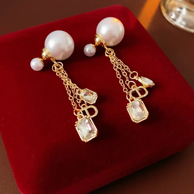 Elegantes pendientes con flecos de perlas y diamantes de imitación: lujosos pendientes geométricos franceses para mujer