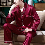 Men’s Plus Size Solid Color Pajama Set – Soft Polyester Long Sleeve Sleepwear with Button Closure