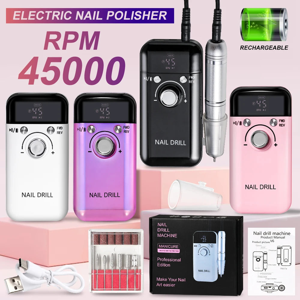 Rechargeable Electric Nail Drill Machine – 45000 RPM for Professional Manicure & Pedicure