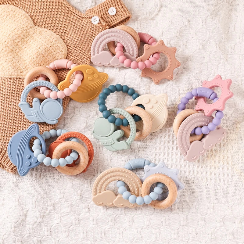 1 mordedor de silicona, juguetes de grado alimenticio para bebés de 0 a 12 años, juguetes sensoriales con anillo de dentición para niños pequeños, accesorios de pulsera mordedora de silicona Planet