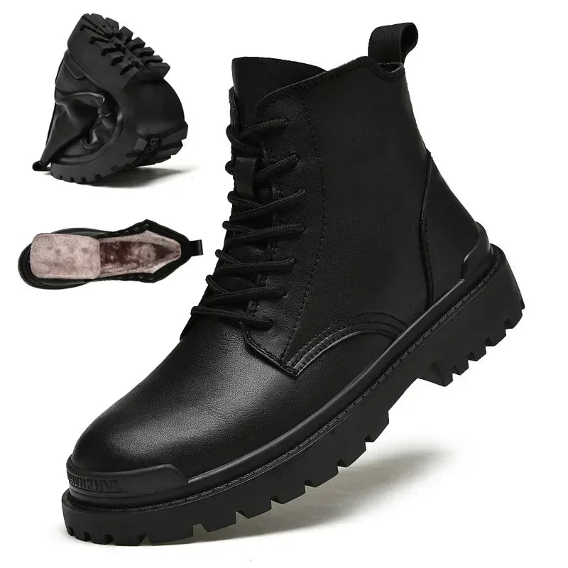 Men’s Genuine Leather Motorcycle Boots – Winter Warm Ankle Boots for Outdoor & Casual Wear (Sizes 38-48)