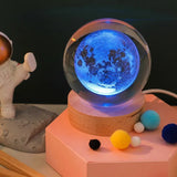 3D Solar System Crystal Night Light - USB-Powered Galaxy Lamp with Wooden Base