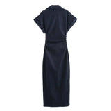 Elegant Denim Midi Dress with Slim Waist & Side Zipper for Women