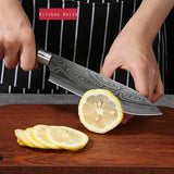 Juego de cuchillos de cocina de Damasco con láser | Cuchillo de chef de acero inoxidable, tijeras y varilla de afilar