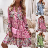 Boho Floral Print Dress – 2024 Summer V-Neck A-Line Beach Dress for Women