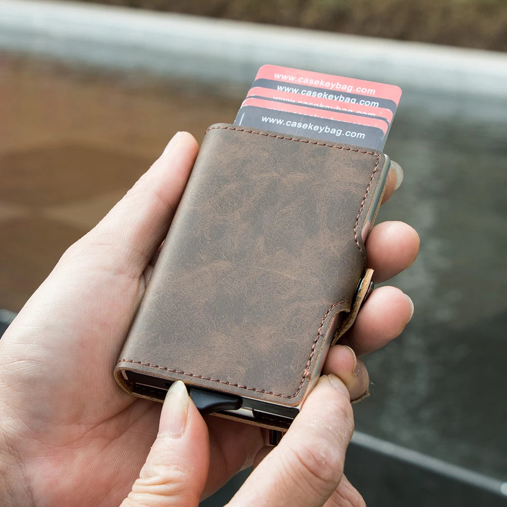 RFID-Blocking Leather Wallet with Pop-Up Card Holder & Money Clip – Slim Minimalist Design