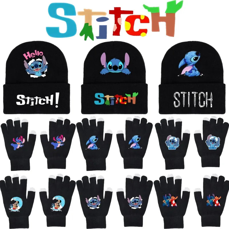 Men's Cartoon Stitch Hat and Gloves Set – Soft Acrylic Knit Winter Wear