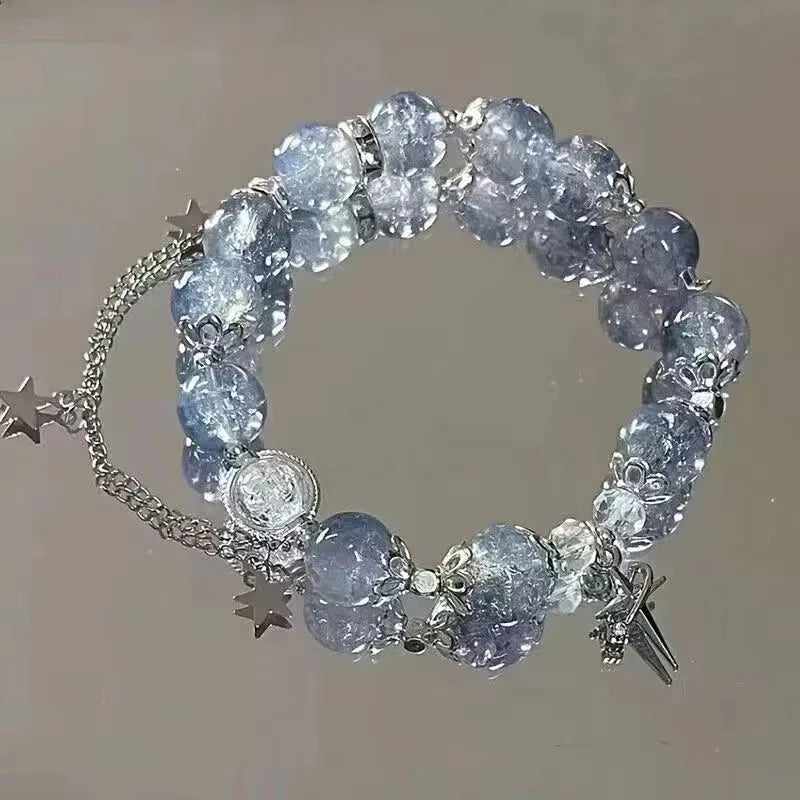 Elegante pulsera con borlas y cadena de estrellas: dije de cuentas de cristal azul para mujer