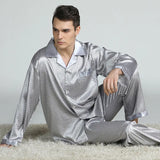 Men’s Satin Pajama Set - Soft, Silky Sleepwear with Print & Elastic Waist, V-neck, Full Sleeve Design