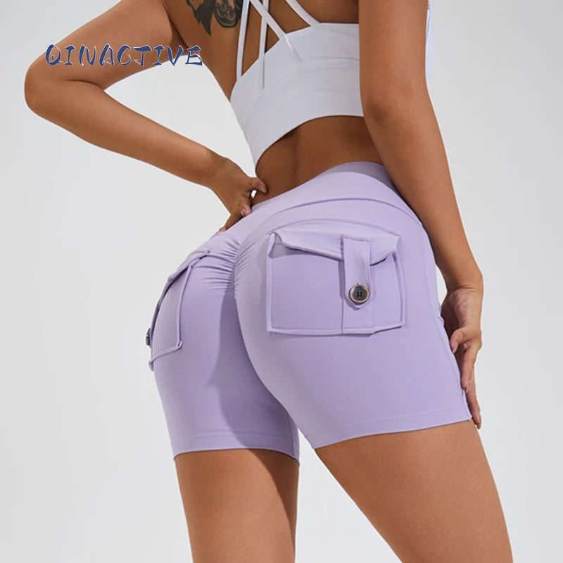 High-Waisted Scrunch Yoga Shorts for Women – Seam Pockets, Stretchy Nylon Spandex