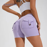High-Waisted Scrunch Yoga Shorts for Women – Seam Pockets, Stretchy Nylon Spandex