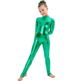 Shiny Metallic Long Sleeve Dance Unitard for Kids – Full-Length Spandex Bodysuit