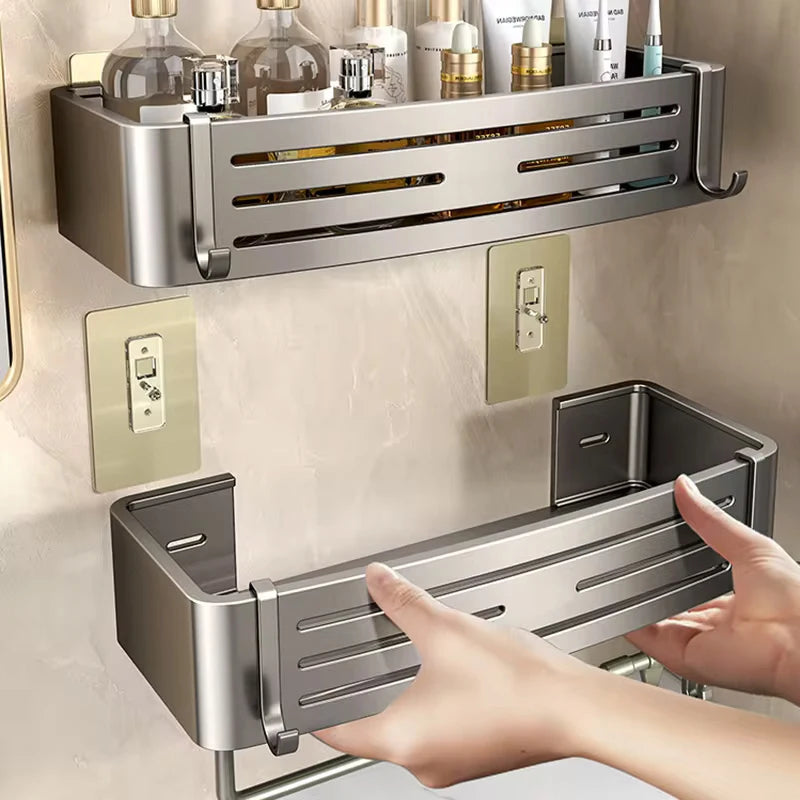 Estante de baño de aluminio sin taladros: estante de almacenamiento y champú para montaje en pared