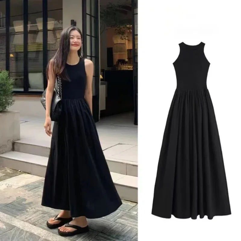 Women's Sleeveless High-Waist Maxi Dress - Elegant Black A-Line Summer Dress
