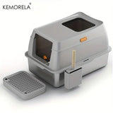 Caja de arena para gatos cerrada de acero inoxidable XL: diseño de doble entrada con pala para una limpieza fácil