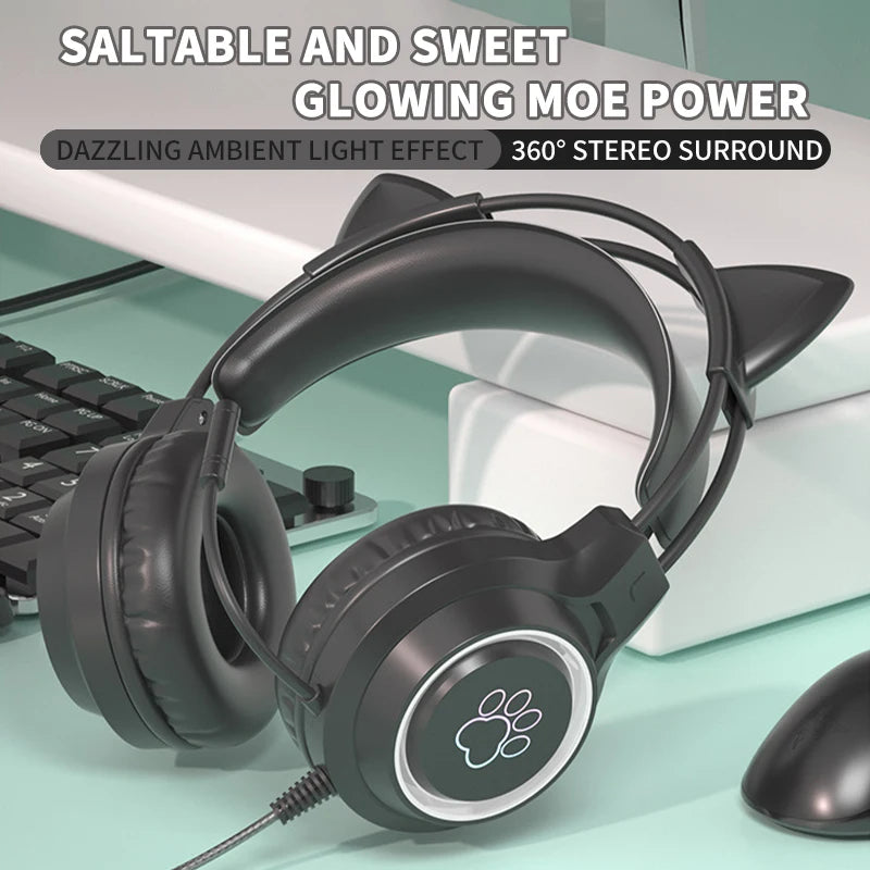 Cat Ear Gaming Headphones with RGB Lights - Wired 3.5mm Headset with Noise Canceling Mic for PC & Laptop