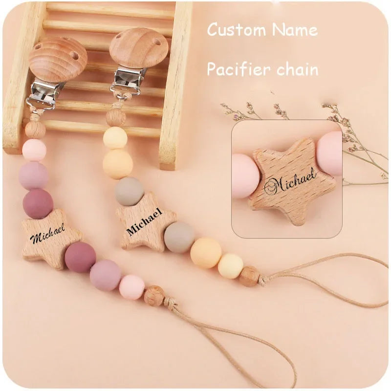 Clip para chupete de bebé personalizado: colgante de mordedor con cuentas de madera y silicona con nombre personalizado
