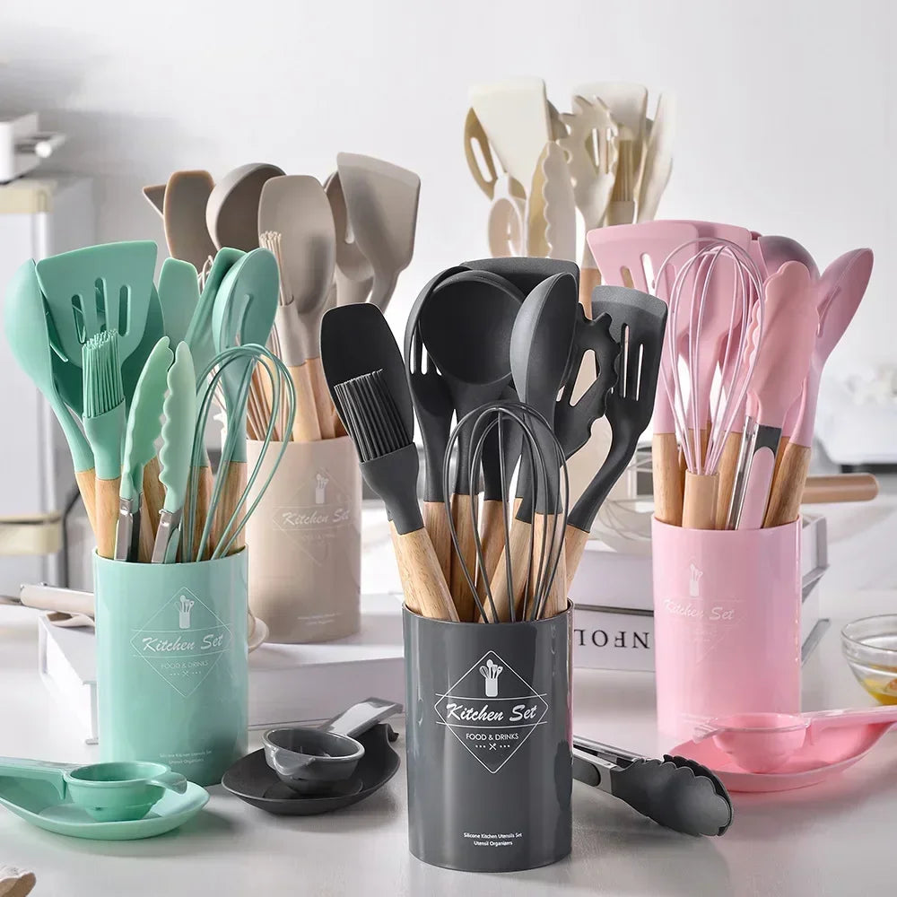 Juego de utensilios de cocina de silicona de 12 piezas | Herramientas de cocina con espátula y cucharas medidoras