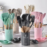 Juego de utensilios de cocina de silicona de 12 piezas | Herramientas de cocina con espátula y cucharas medidoras