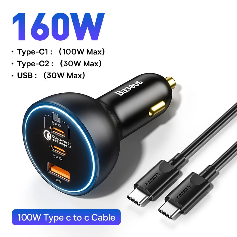 Cargador rápido para coche de 160 W: adaptador de carga rápida triple USB-C y USB-A