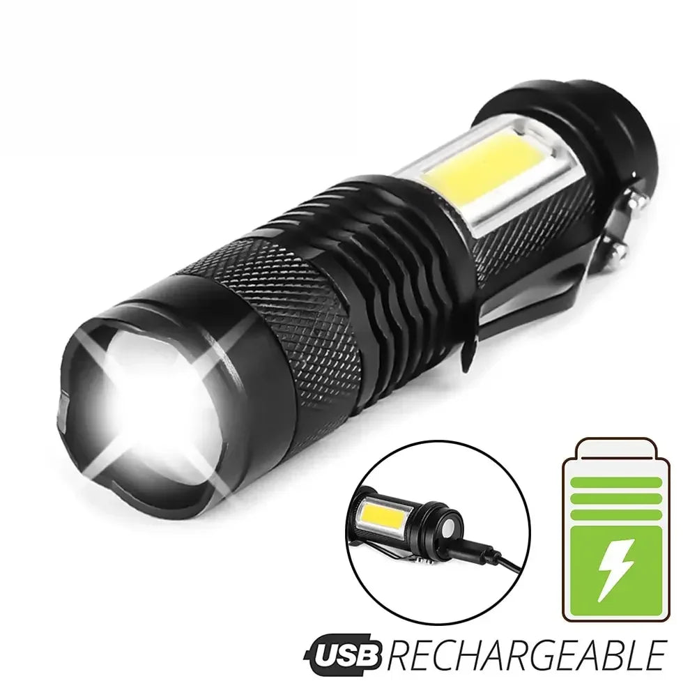 Mini Rechargeable LED Flashlight – Dual Light Source, Zoomable, Waterproof Torch for Camping, Fishing, and Outdoor Use