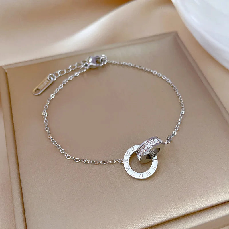Gold Plated Stainless Steel Zircon Bracelet - Roman Numeral Charm Jewelry for Women