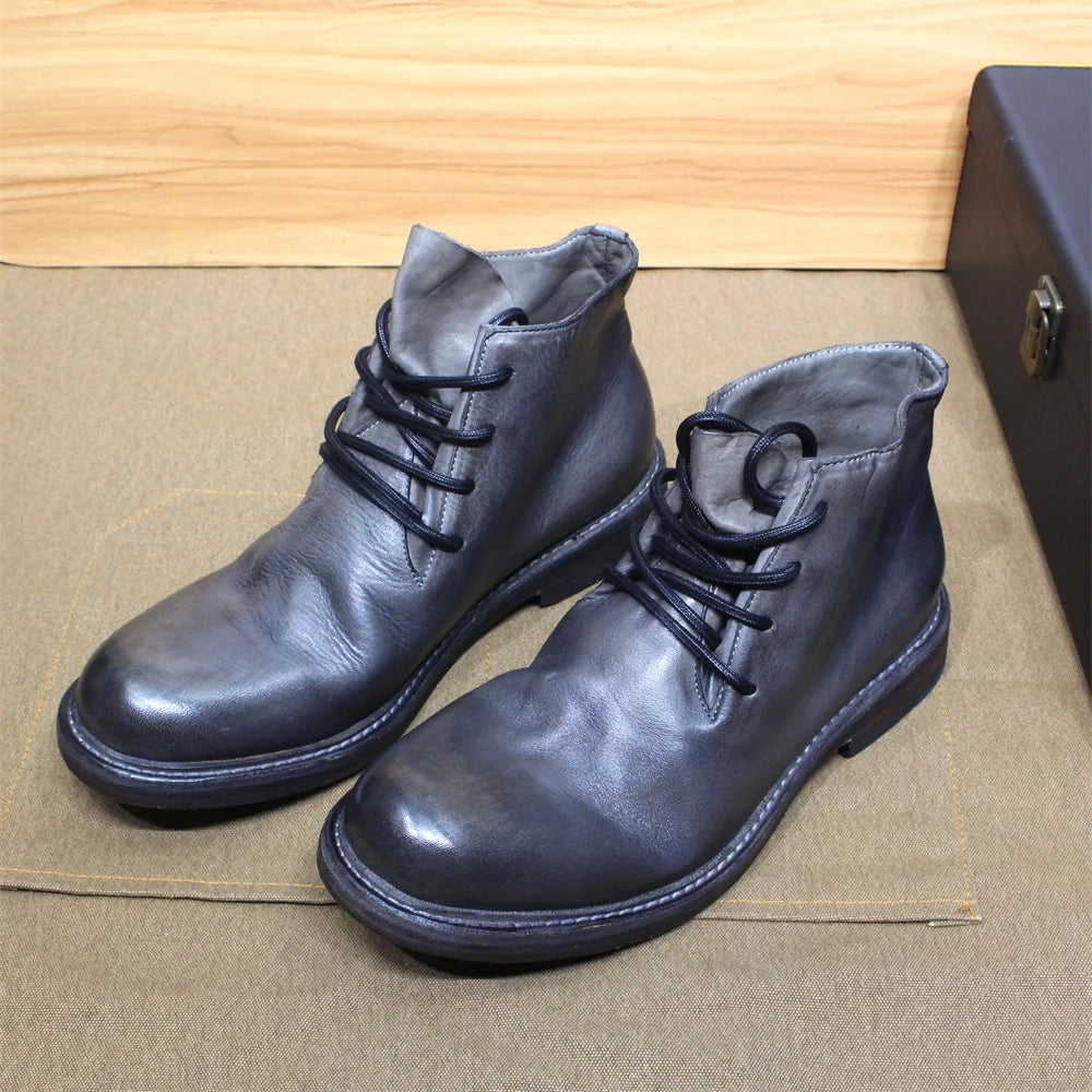 Men's Genuine Leather Motorcycle Boots - Handmade British Style Ankle Boots