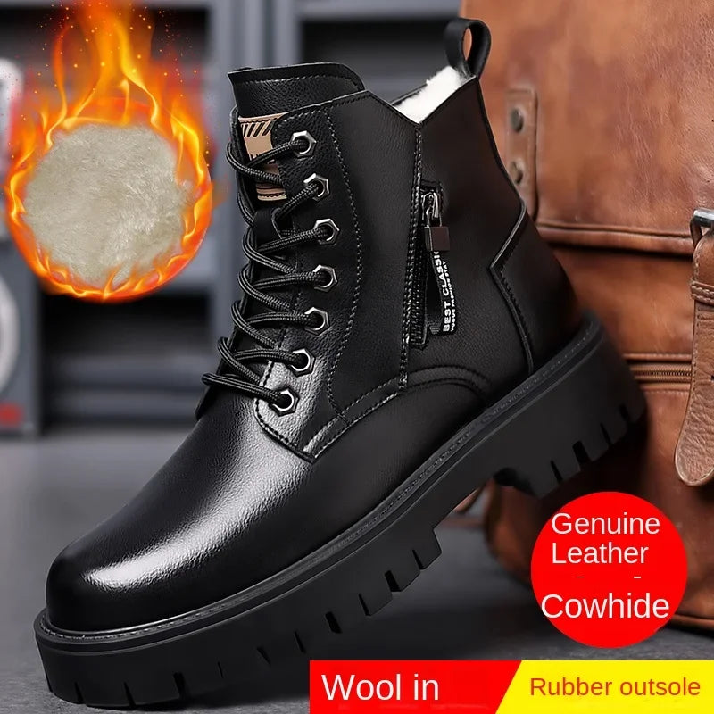 Men’s Winter Motorcycle Boots – Waterproof Split Leather Ankle Boots for Comfort & Style