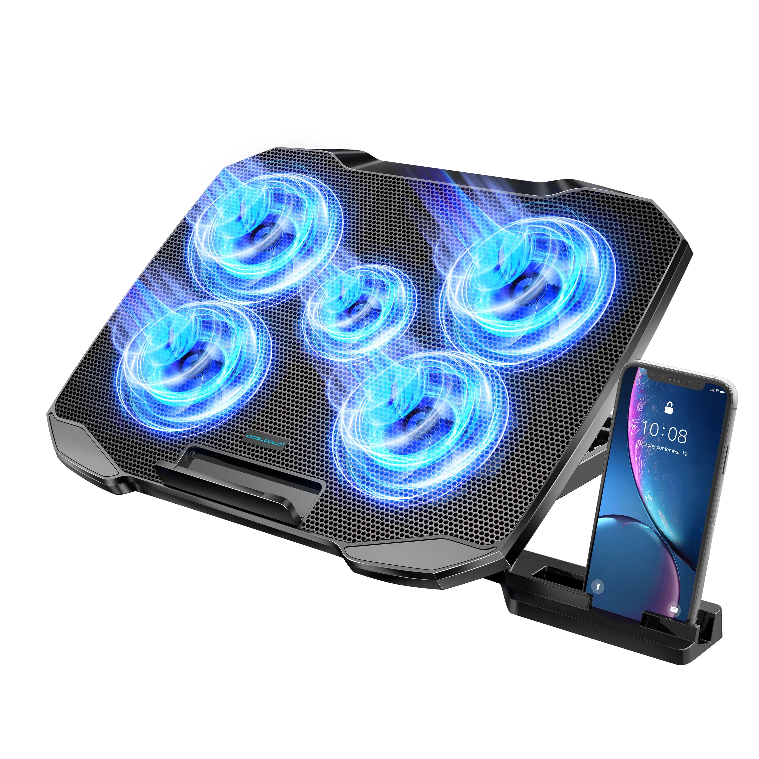 Base de refrigeración para ordenador portátil: enfriador ultrasilencioso con 5 ventiladores, soporte ajustable y puertos USB