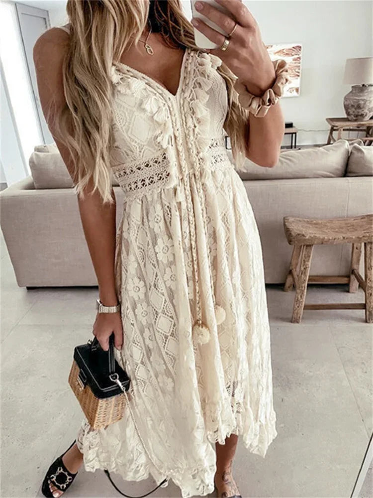 Lace White Backless Maxi Dress for Women - Summer V-Neck Sleeveless Bohemian