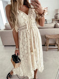 Lace White Backless Maxi Dress for Women - Summer V-Neck Sleeveless Bohemian