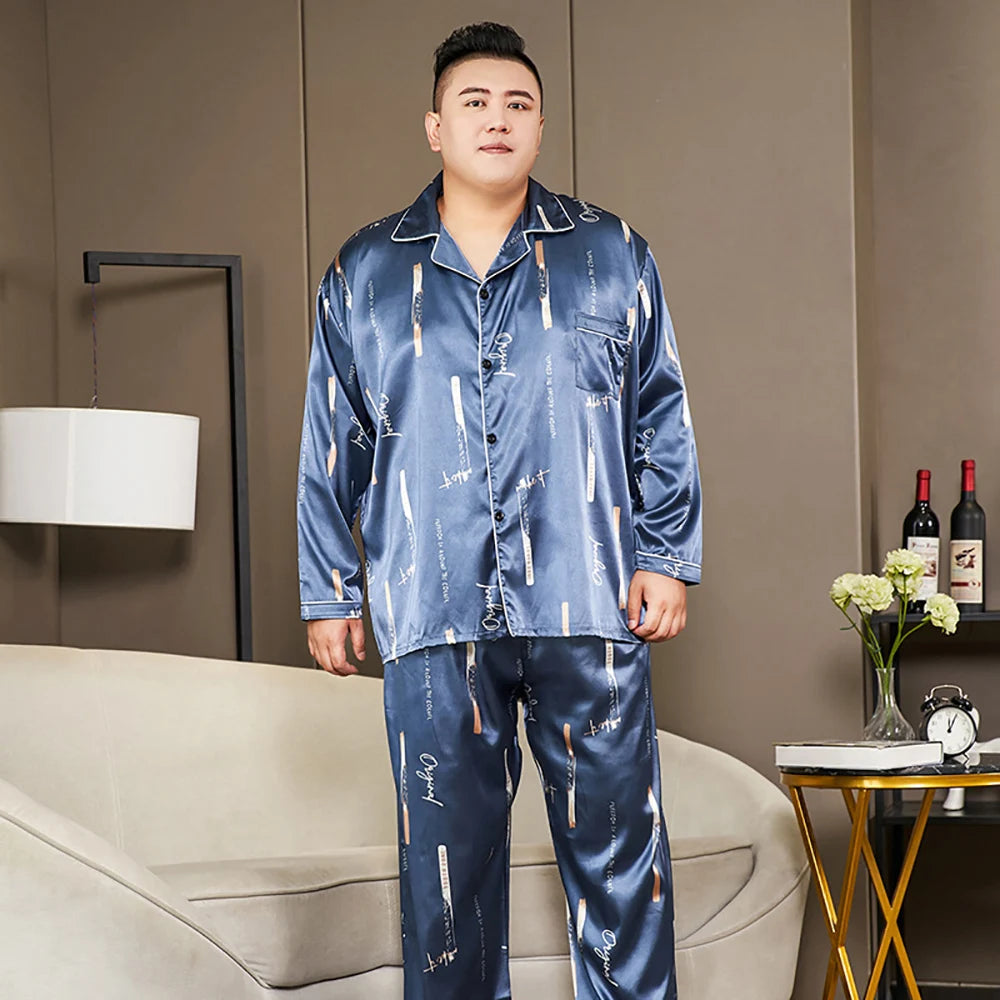 Men’s Luxury Plaid Pajama Set - Full Sleeve, Elastic Waist, Cool Ice Silk Satin Sleepwear for Spring & Summer