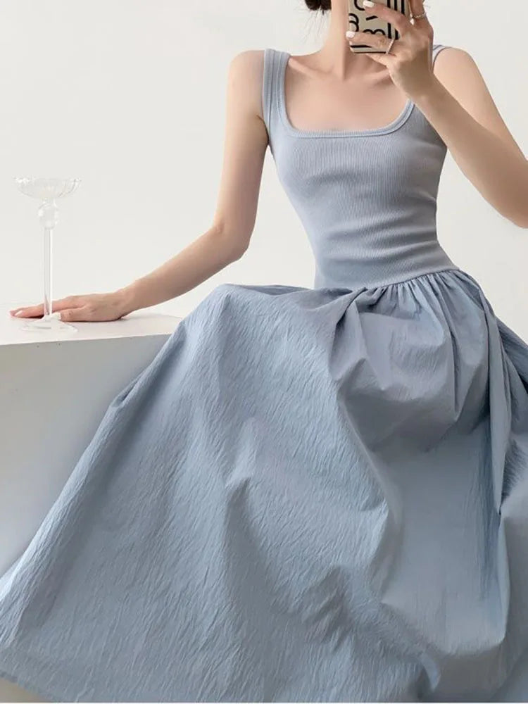 Women's Knit Spaghetti Strap Dress - Sexy Square Neck Patchwork Midi Dress