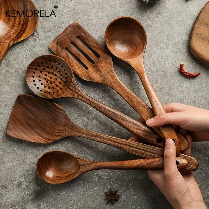 Thailand Teak Wooden Cooking Spoon Set – Natural Kitchen Utensils & Ladle Turner