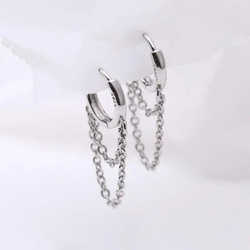 925 Sterling Silver Double Layer Tassel Hoop Earrings – Trendy Cold Style Fashion Jewelry for Women