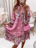 Boho Floral Print Dress – 2024 Summer V-Neck A-Line Beach Dress for Women