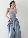 Women's Knit Spaghetti Strap Dress - Sexy Square Neck Patchwork Midi Dress