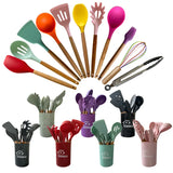 Juego de utensilios de cocina de silicona de 12 piezas: herramientas de cocina antiadherentes y resistentes al calor con mangos de madera