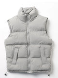 Winter Korean Men's Vests Stand Collar Zip Pockets Silk-Like Cotton Padded Sleeveless Waistcoat Jacket Thick Thermal Gilet Coats