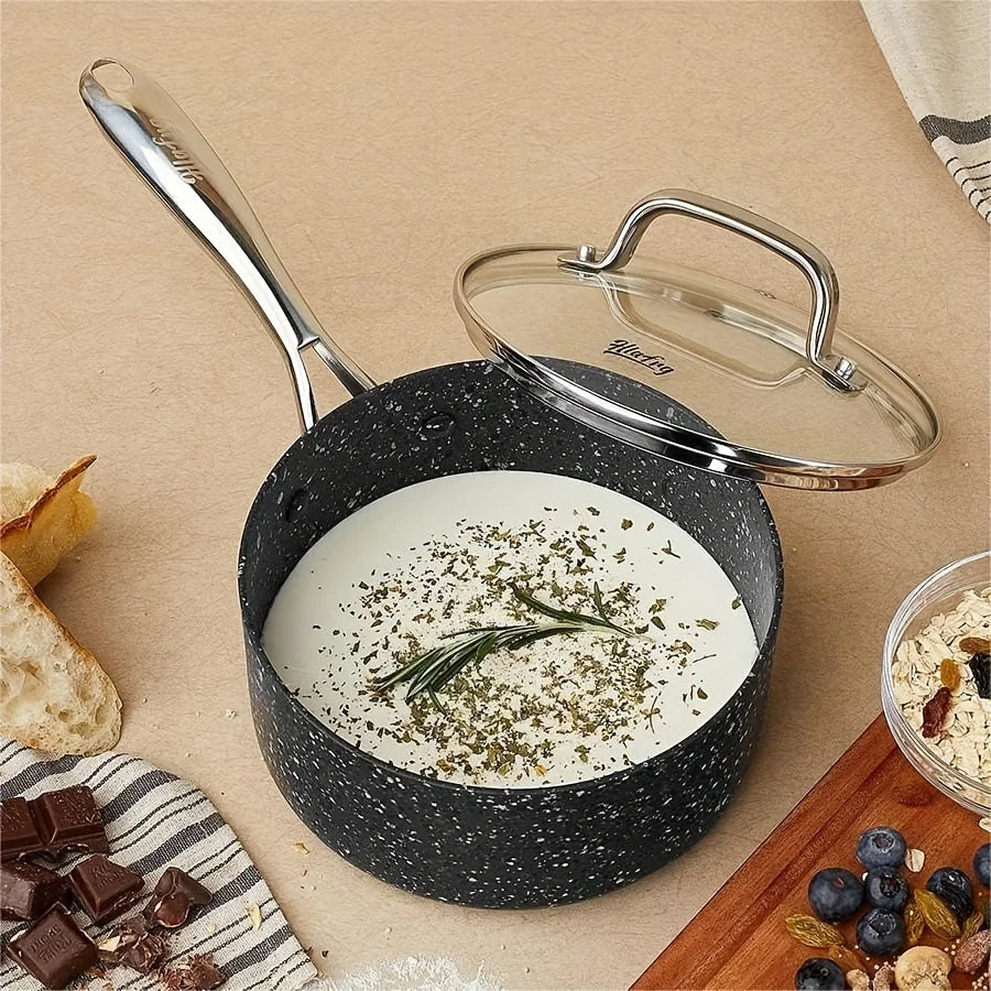 1-Quart Nonstick Granite Saucepan with Lid – Small Pot for Sauces, Oatmeal & Soup