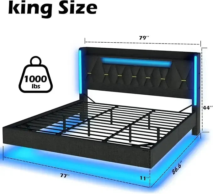 King Size Floating Bed Frame with LED Lights, Storage & USB Charging