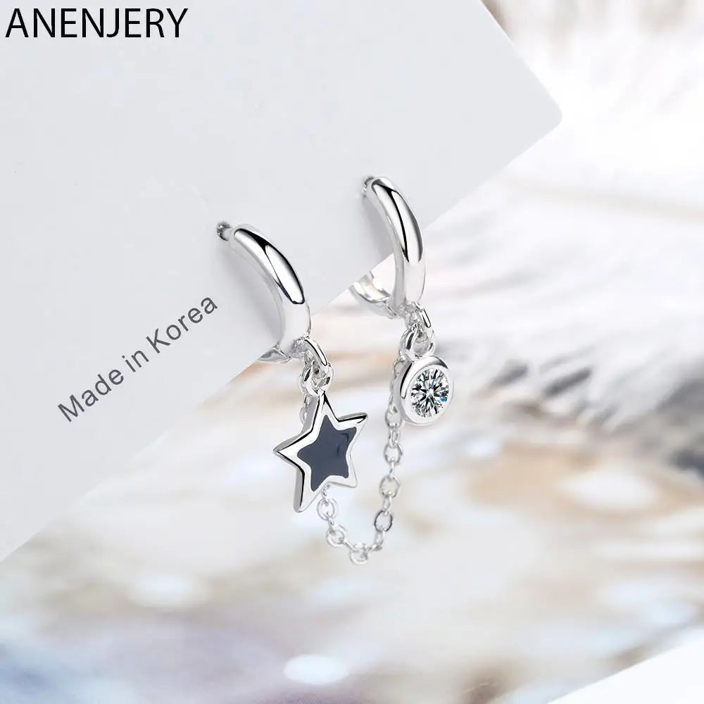 Silver Double Hoop Star Earrings with Zircon and Black Glaze Drop – Trendy Minimalist Style for Women