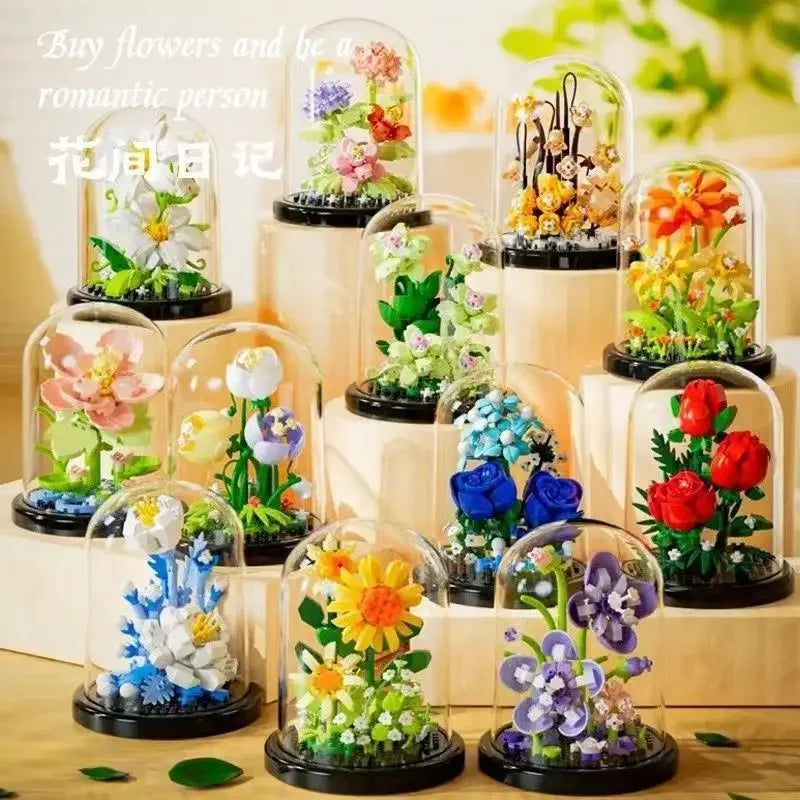 Juego de bloques de construcción con rosas y suculentas en macetas: decoración del hogar con flores eternas