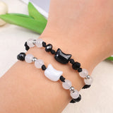Natural Moonstone & Obsidian Couple Bracelets – Handmade Adjustable Cat Design
