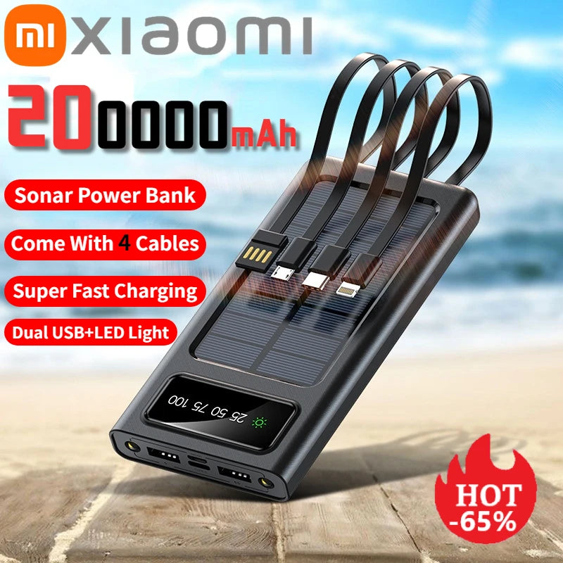 200000mAh Solar Power Bank with 4 Built-in Cables - Fast Charging for iPhone & Samsung