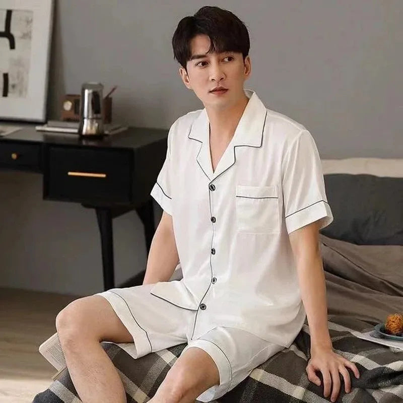Men’s Summer Pajama Set – Short Sleeve Lightweight Loungewear with Button-Up Top and Elastic Waist Shorts